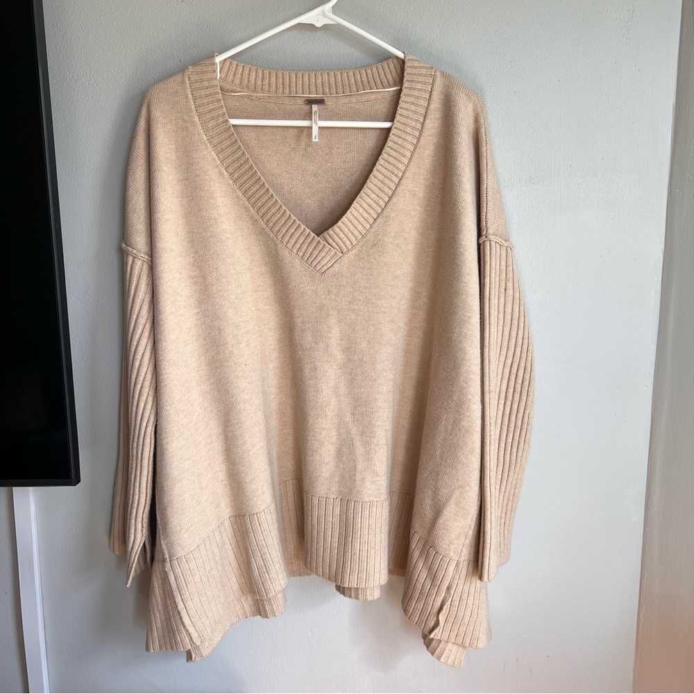 Free People Beige V-Neck Sweater